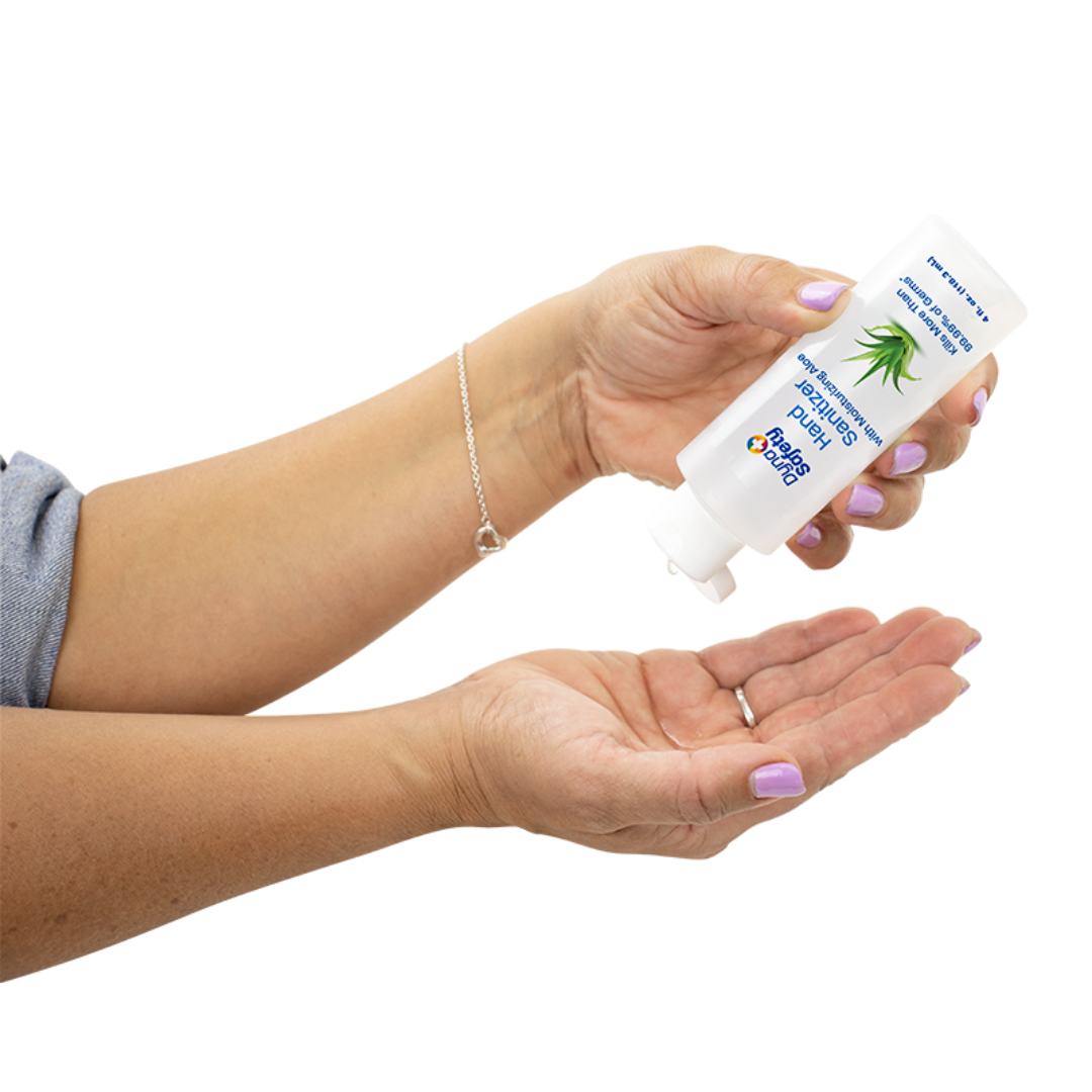 A person with light purple nail polish squeezes Dynarex Hand Sanitizer with Moisturizing Aloe onto their open palm.